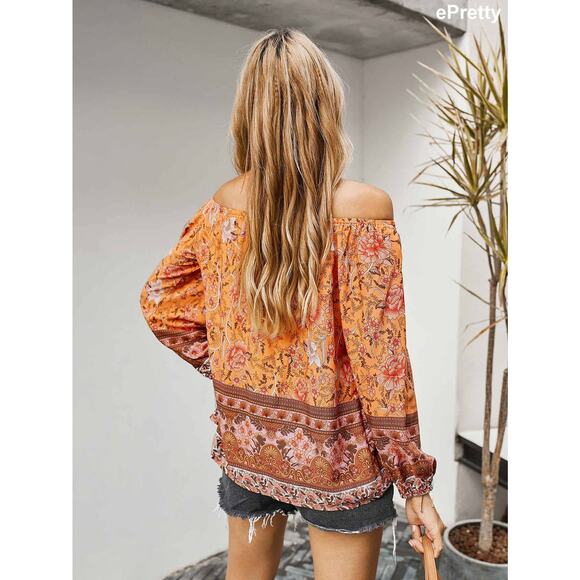 Orange Floral printed off shoulder blouse - Small - Picture 5 of 5